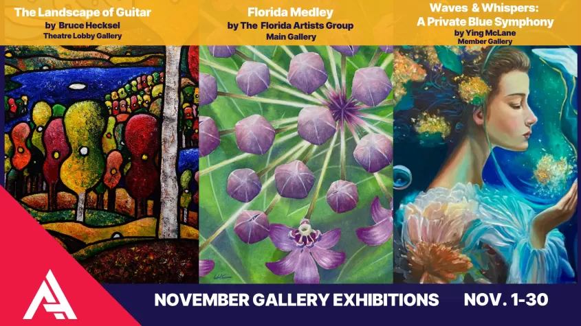 Three paintings: One of cartoonish trees in stained glass colors, a close up of a purple flower, and a woman under water holding a bubble over her face