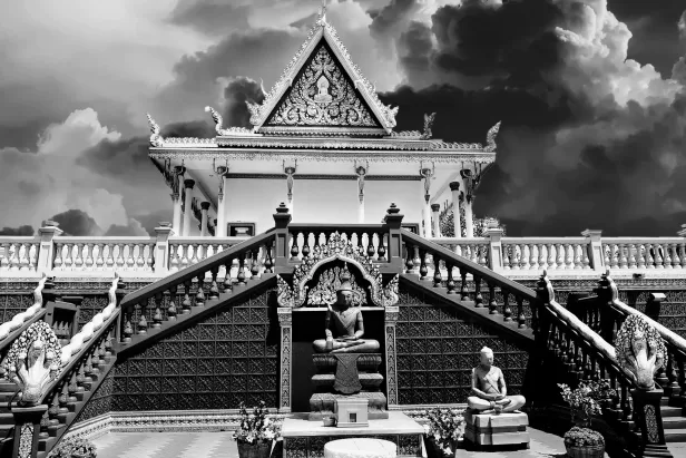 Black and white picture of a buddhist temple 
